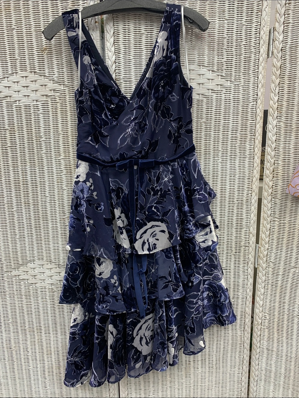Marchesa Navy and White Floral V-Neck Tiered Midi Dress